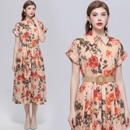 BY18289# 优雅气质衬衫翻领连衣裙女收腰显瘦中长休闲印花裙子送腰带  服裝批發女裝批發服飾貨源
