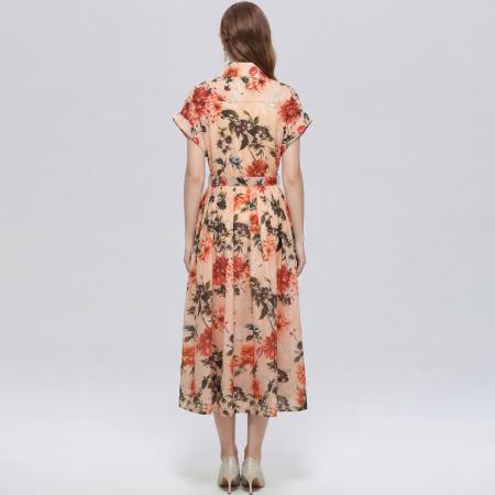 BY18289# 优雅气质衬衫翻领连衣裙女收腰显瘦中长休闲印花裙子送腰带  服裝批發女裝批發服飾貨源