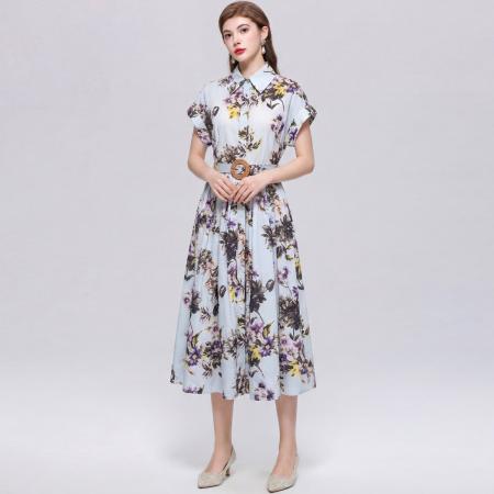 BY18290# 优雅气质衬衫翻领连衣裙女收腰显瘦中长休闲印花裙子送腰带  服裝批發女裝批發服飾貨源