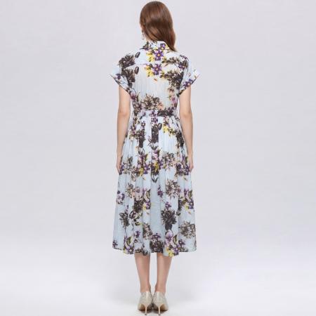 BY18290# 优雅气质衬衫翻领连衣裙女收腰显瘦中长休闲印花裙子送腰带  服裝批發女裝批發服飾貨源