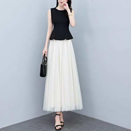 BY18291# 两件套夏季新款高档网纱半身裙+无袖背心上衣时尚套装连衣裙  服裝批發女裝批發服飾貨源