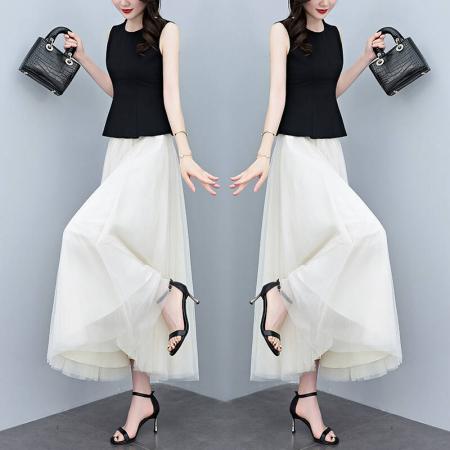 BY18291# 两件套夏季新款高档网纱半身裙+无袖背心上衣时尚套装连衣裙  服裝批發女裝批發服飾貨源