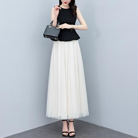 BY18291# 两件套夏季新款高档网纱半身裙+无袖背心上衣时尚套装连衣裙  服裝批發女裝批發服飾貨源