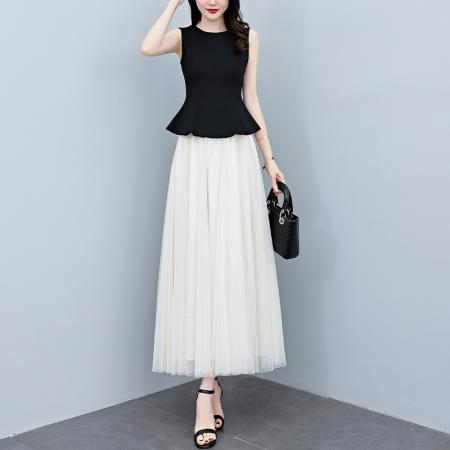 BY18291# 两件套夏季新款高档网纱半身裙+无袖背心上衣时尚套装连衣裙  服裝批發女裝批發服飾貨源