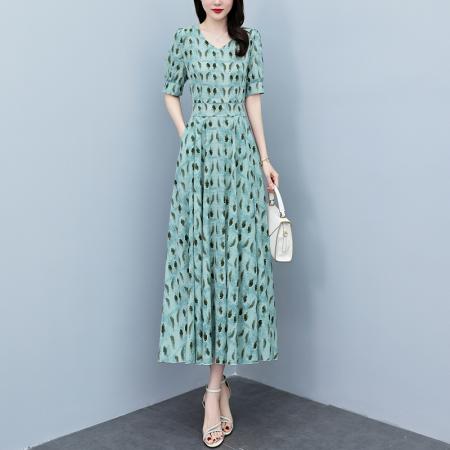 BY18292# 真丝连衣裙女夏长款夏季新款缎面大码胖mm收腰显瘦过膝长裙子  服裝批發女裝批發服飾貨源