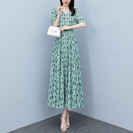 BY18292# 真丝连衣裙女夏长款夏季新款缎面大码胖mm收腰显瘦过膝长裙子  服裝批發女裝批發服飾貨源