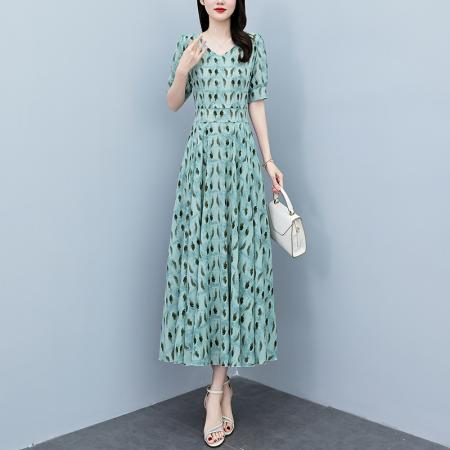 BY18292# 真丝连衣裙女夏长款夏季新款缎面大码胖mm收腰显瘦过膝长裙子  服裝批發女裝批發服飾貨源