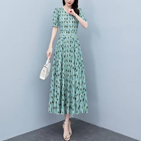 BY18292# 真丝连衣裙女夏长款夏季新款缎面大码胖mm收腰显瘦过膝长裙子  服裝批發女裝批發服飾貨源