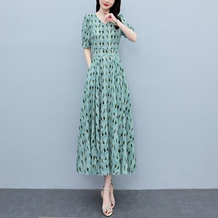 BY18292# 真丝连衣裙女夏长款夏季新款缎面大码胖mm收腰显瘦过膝长裙子  服裝批發女裝批發服飾貨源