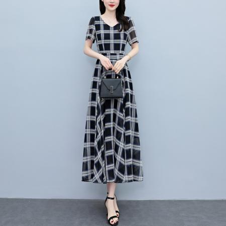 BY18293# 夏季新款印花雪纺连衣裙女夏长款大码胖mm显瘦印花遮肚长裙子  服裝批發女裝批發服飾貨源