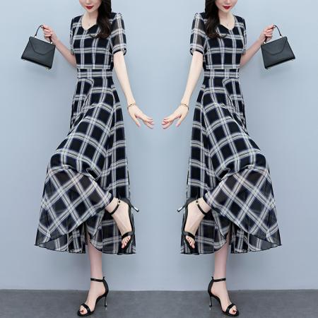 BY18293# 夏季新款印花雪纺连衣裙女夏长款大码胖mm显瘦印花遮肚长裙子  服裝批發女裝批發服飾貨源