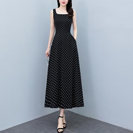 BY18294# 夏季新款波点无袖连衣裙女夏长款缎面收腰显瘦优雅打底长裙  服裝批發女裝批發服飾貨源