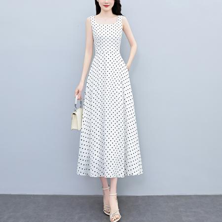 BY18294# 夏季新款波点无袖连衣裙女夏长款缎面收腰显瘦优雅打底长裙  服裝批發女裝批發服飾貨源