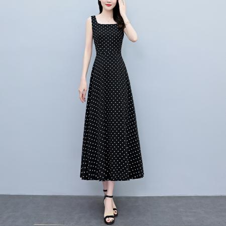 BY18294# 夏季新款波点无袖连衣裙女夏长款缎面收腰显瘦优雅打底长裙  服裝批發女裝批發服飾貨源