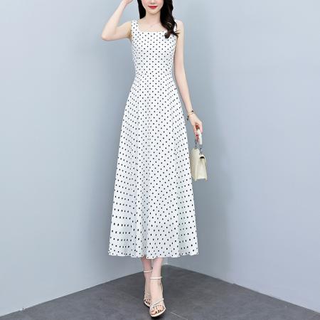 BY18294# 夏季新款波点无袖连衣裙女夏长款缎面收腰显瘦优雅打底长裙  服裝批發女裝批發服飾貨源