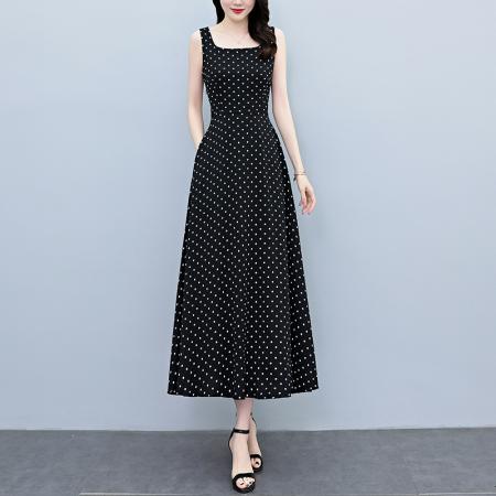 BY18294# 夏季新款波点无袖连衣裙女夏长款缎面收腰显瘦优雅打底长裙  服裝批發女裝批發服飾貨源