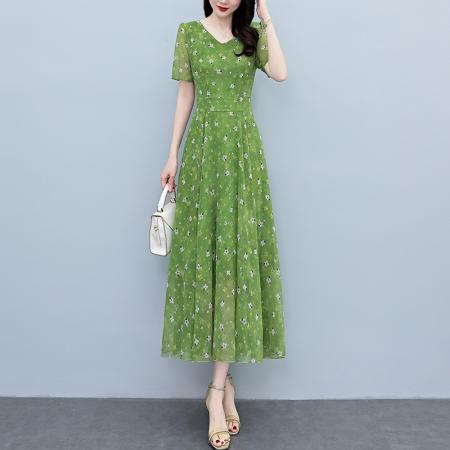BY18295# 提花雪纺连衣裙女夏长款夏季新款大码胖mm显瘦印花优雅长裙子  服裝批發女裝批發服飾貨源