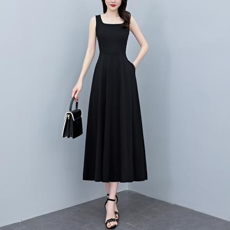 BY18296# 夏季新款赫本风黑色无袖连衣裙女长款收腰显瘦打底背心小黑裙  服裝批發女裝批發服飾貨源