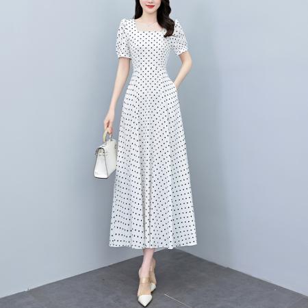 BY18297# 夏季新款波点连衣裙女夏长款缎面大码胖mm收腰显瘦过膝长裙子  服裝批發女裝批發服飾貨源