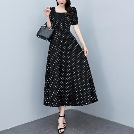 BY18297# 夏季新款波点连衣裙女夏长款缎面大码胖mm收腰显瘦过膝长裙子  服裝批發女裝批發服飾貨源
