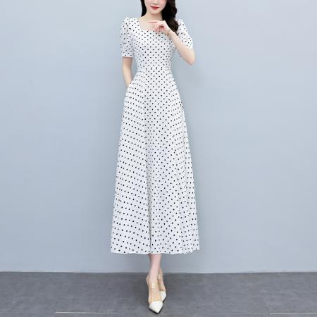 BY18297# 夏季新款波点连衣裙女夏长款缎面大码胖mm收腰显瘦过膝长裙子  服裝批發女裝批發服飾貨源