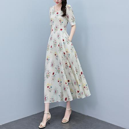 BY18298# 夏季新款印花雪纺皱皱格连衣裙女夏长款大码胖mm显瘦遮肚长裙  服裝批發女裝批發服飾貨源