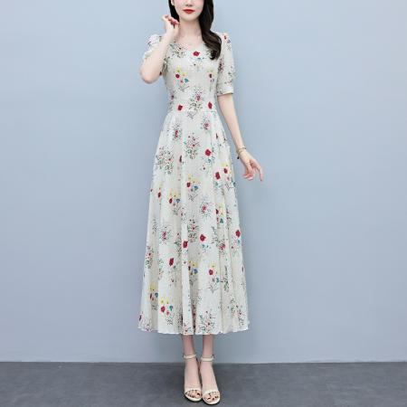 BY18298# 夏季新款印花雪纺皱皱格连衣裙女夏长款大码胖mm显瘦遮肚长裙  服裝批發女裝批發服飾貨源