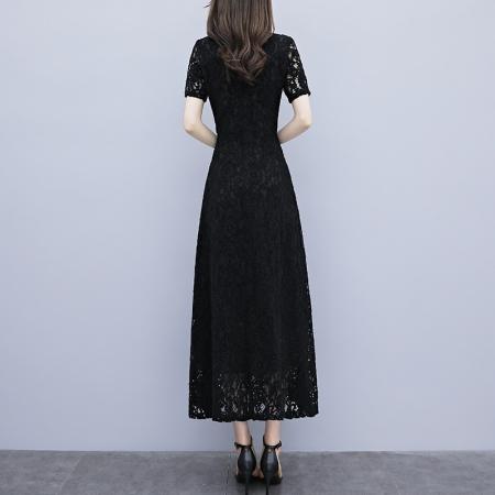 BY18299# 夏季新款短袖蕾丝连衣裙女长款大码收腰显瘦优雅长裙  服裝批發女裝批發服飾貨源