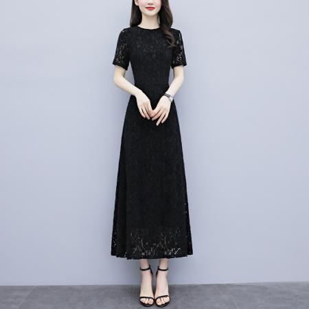 BY18299# 夏季新款短袖蕾丝连衣裙女长款大码收腰显瘦优雅长裙  服裝批發女裝批發服飾貨源