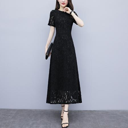 BY18299# 夏季新款短袖蕾丝连衣裙女长款大码收腰显瘦优雅长裙  服裝批發女裝批發服飾貨源
