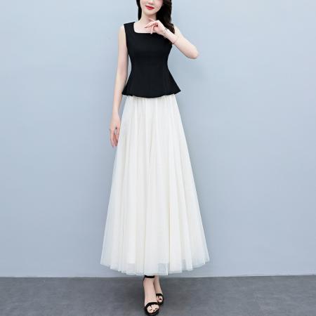 BY18300# 两件套夏季新款高档网纱半身裙+方领背心上衣时尚套装连衣裙  服裝批發女裝批發服飾貨源
