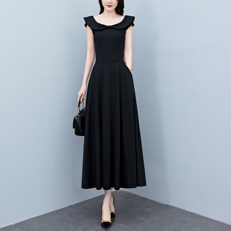 BY18301# 夏季新款赫本黑色连衣裙长款气质收腰显瘦优雅长裙  服裝批發女裝批發服飾貨源