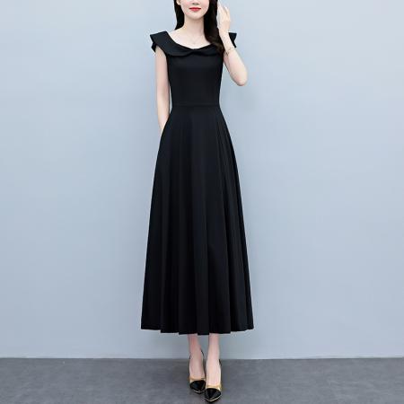 BY18301# 夏季新款赫本黑色连衣裙长款气质收腰显瘦优雅长裙  服裝批發女裝批發服飾貨源