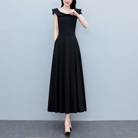BY18301# 夏季新款赫本黑色连衣裙长款气质收腰显瘦优雅长裙  服裝批發女裝批發服飾貨源