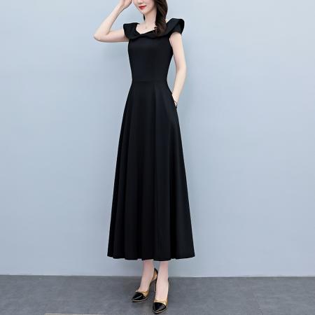 BY18301# 夏季新款赫本黑色连衣裙长款气质收腰显瘦优雅长裙  服裝批發女裝批發服飾貨源