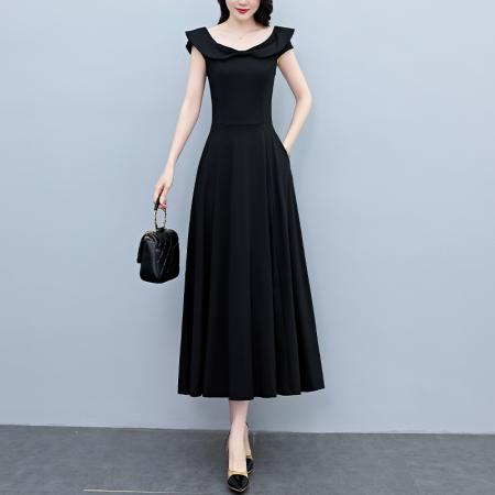 BY18301# 夏季新款赫本黑色连衣裙长款气质收腰显瘦优雅长裙  服裝批發女裝批發服飾貨源