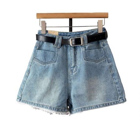 BY18302# 牛仔短裤女夏季薄款蓝色蕾丝高腰韩系大码显瘦胖mm宽松a字阔腿裤  服裝批發女裝批發服飾貨源