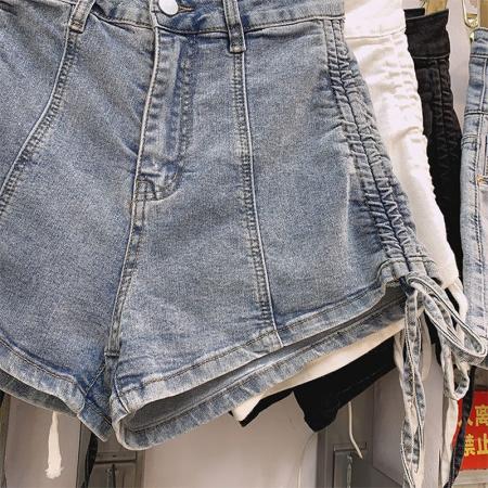 BY18304# ins辣妹网红绑带夏季抽绳高腰弹力外穿直筒牛仔短裤女a字阔腿热裤  服裝批發女裝批發服飾貨源