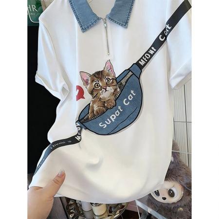 BY18305# 夏季潮牌棉大码牛仔领印花短袖T恤女  服裝批發女裝批發服飾貨源