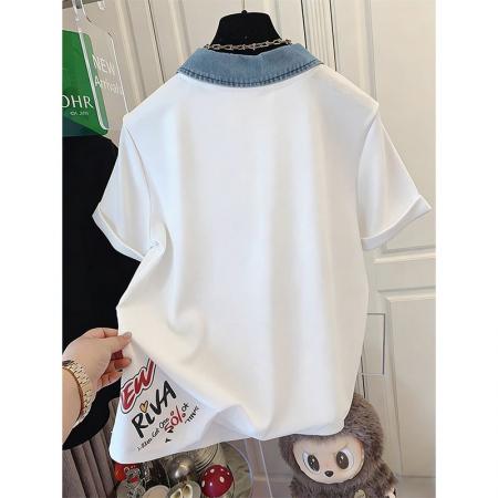 BY18305# 夏季潮牌棉大码牛仔领印花短袖T恤女  服裝批發女裝批發服飾貨源