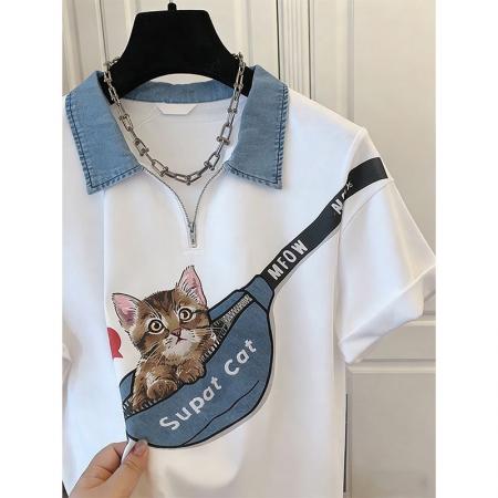 BY18305# 夏季潮牌棉大码牛仔领印花短袖T恤女  服裝批發女裝批發服飾貨源