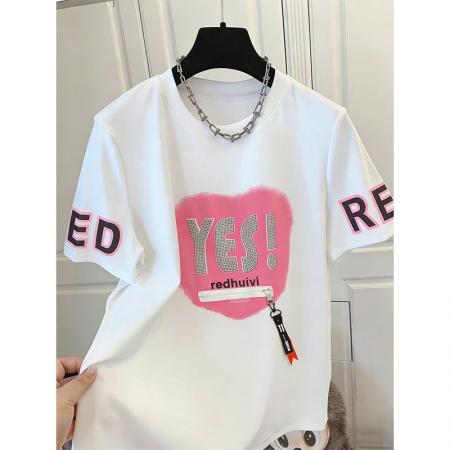 BY18306# 夏季潮牌棉大码印花+烫钻中长款口袋+拉链短袖T恤女  服裝批發女裝批發服飾貨源