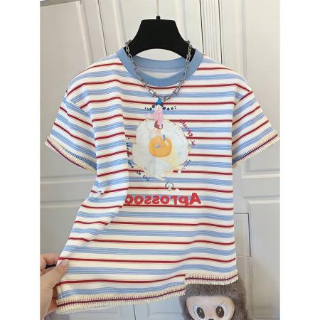 BY18307# 夏季色织条+领索罗纳袖子下摆工艺大码短袖T恤女  服裝批發女裝批發服飾貨源