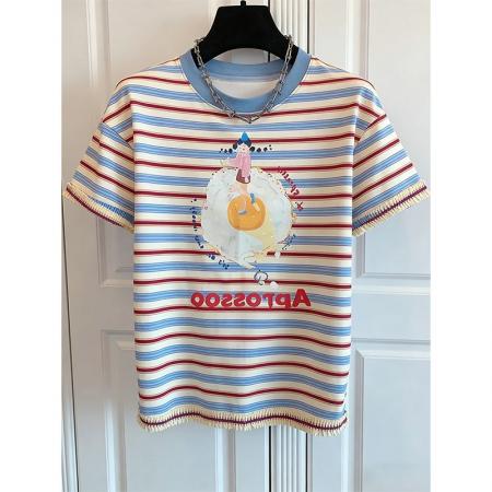 BY18307# 夏季色织条+领索罗纳袖子下摆工艺大码短袖T恤女  服裝批發女裝批發服飾貨源