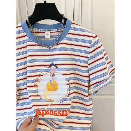 BY18307# 夏季色织条+领索罗纳袖子下摆工艺大码短袖T恤女  服裝批發女裝批發服飾貨源