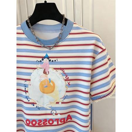 BY18307# 夏季色织条+领索罗纳袖子下摆工艺大码短袖T恤女  服裝批發女裝批發服飾貨源