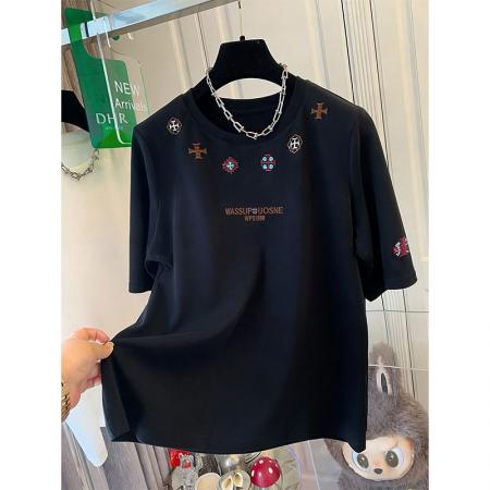 BY18308# 夏季双纱纯棉重磅刺绣男女同款情侣短袖t恤女  服裝批發女裝批發服飾貨源