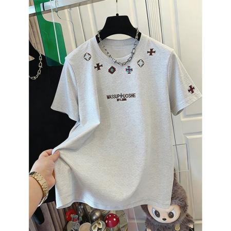 BY18308# 夏季双纱纯棉重磅刺绣男女同款情侣短袖t恤女  服裝批發女裝批發服飾貨源