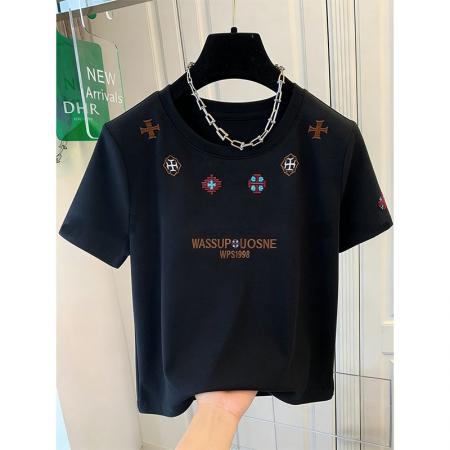 BY18308# 夏季双纱纯棉重磅刺绣男女同款情侣短袖t恤女  服裝批發女裝批發服飾貨源