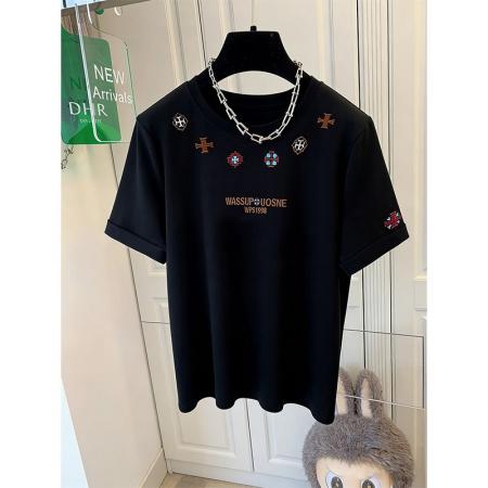 BY18308# 夏季双纱纯棉重磅刺绣男女同款情侣短袖t恤女  服裝批發女裝批發服飾貨源